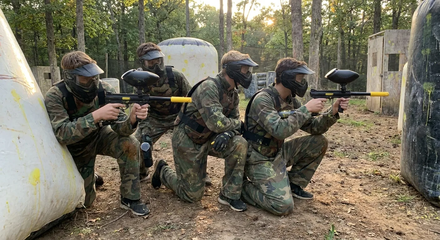 Adolescents en tenue de paintball visant avec leurs marqueurs lors d'une partie en plein air.