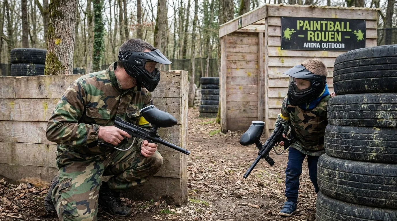 Adultes et enfants s'affrontent lors d'une partie de paintball en extérieur à Rouen