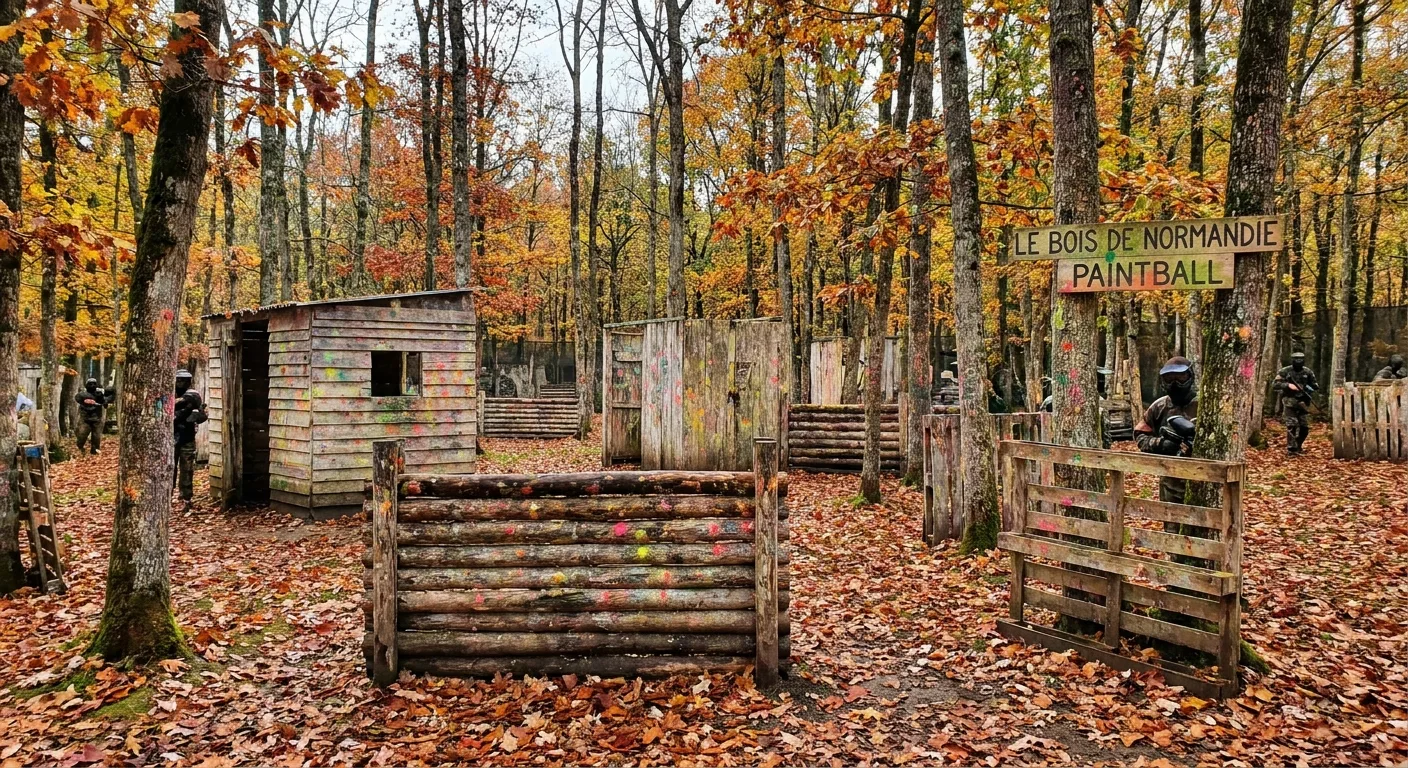 Arène de paintball en forêt avec obstacles en bois et feuillage automnal en Normandie