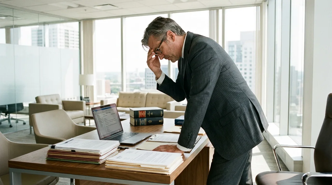 Avocat en costume examinant des documents juridiques à son bureau dans un cabinet moderne