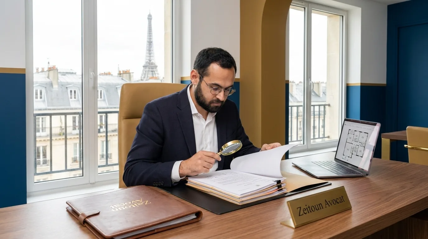 Avocat en droit immobilier consultant des documents de propriété dans un bureau moderne à Paris