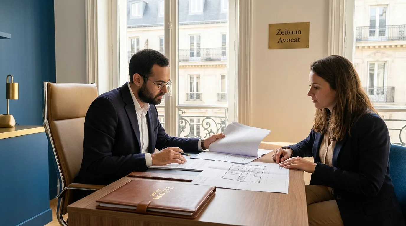 Avocat en droit immobilier consultant des documents immobiliers avec un client dans un bureau parisien moderne.