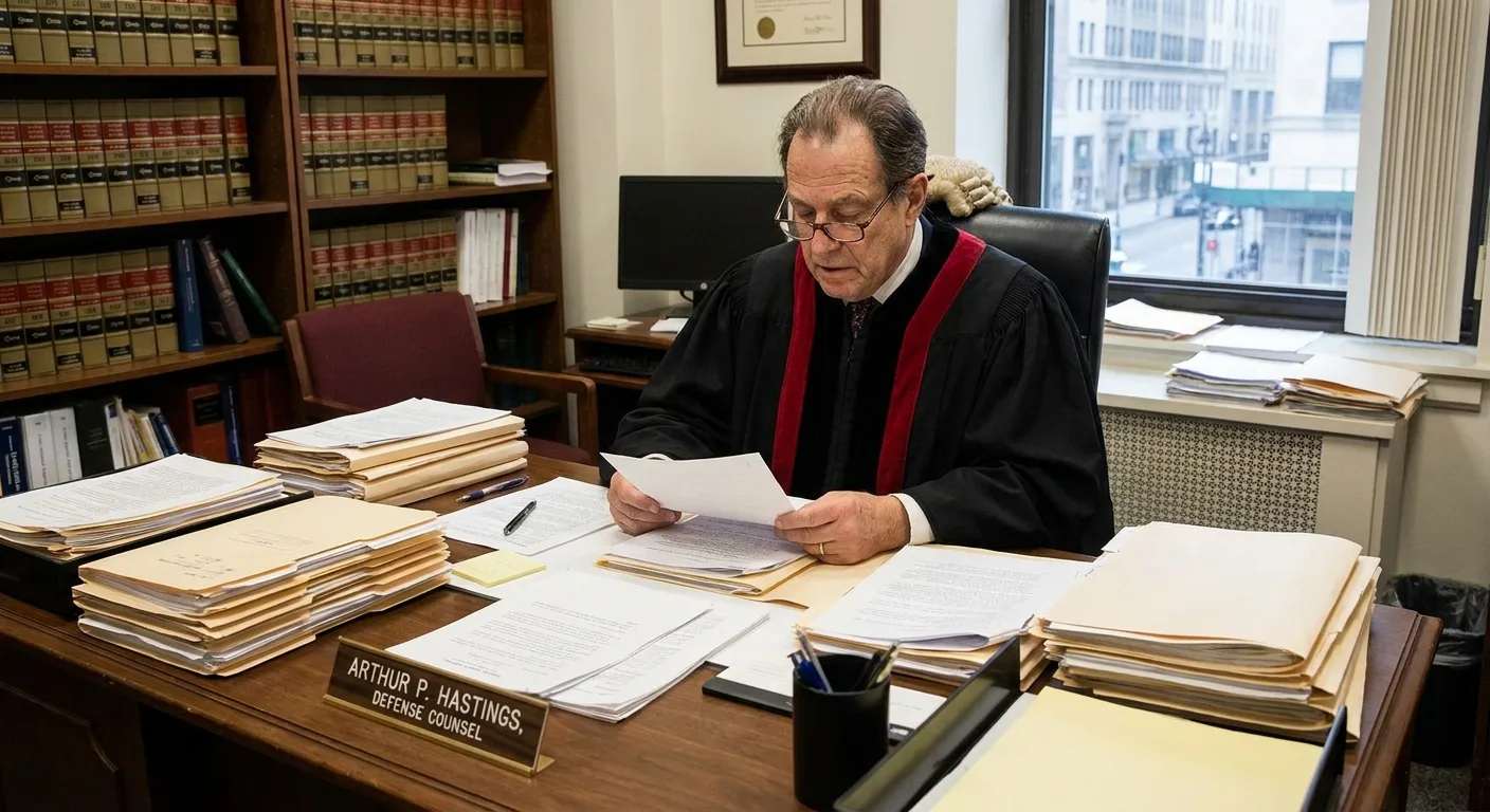 Avocat en robe judiciaire consultant des dossiers à son bureau pour préparer une défense en escroquerie
