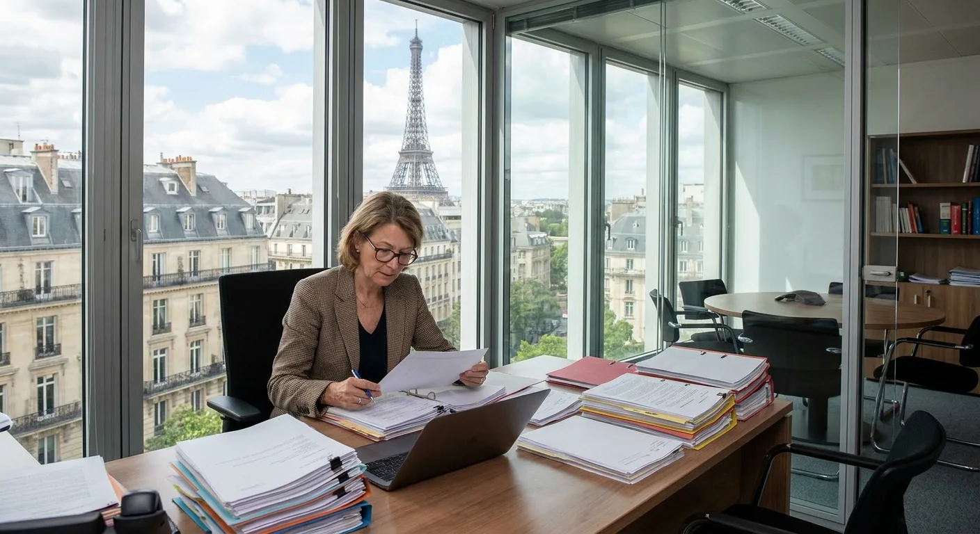 Avocat fiscaliste consultant des documents financiers dans un bureau moderne à Paris