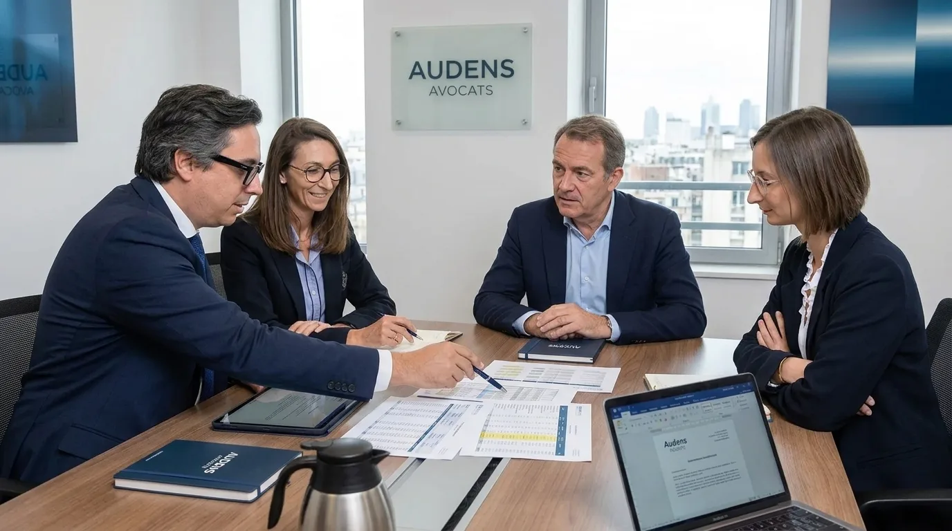 Avocat fiscaliste en consultation avec un client, examinant des documents financiers dans un bureau moderne.