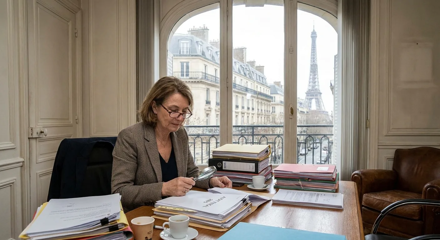 Avocat fiscaliste examinant des documents d'audit à son bureau à Paris, entouré de dossiers
