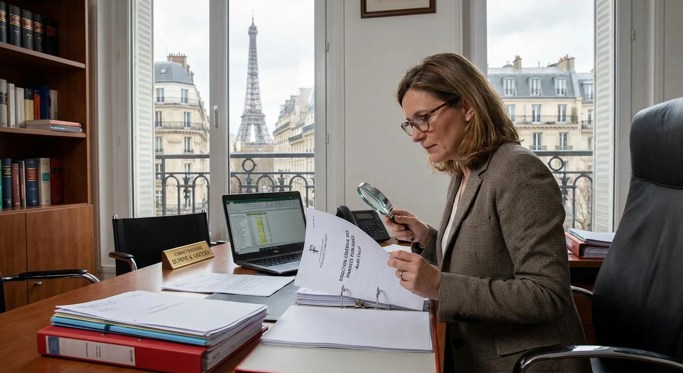 Avocat fiscaliste examinant des documents de contrôle fiscal à son bureau à Paris