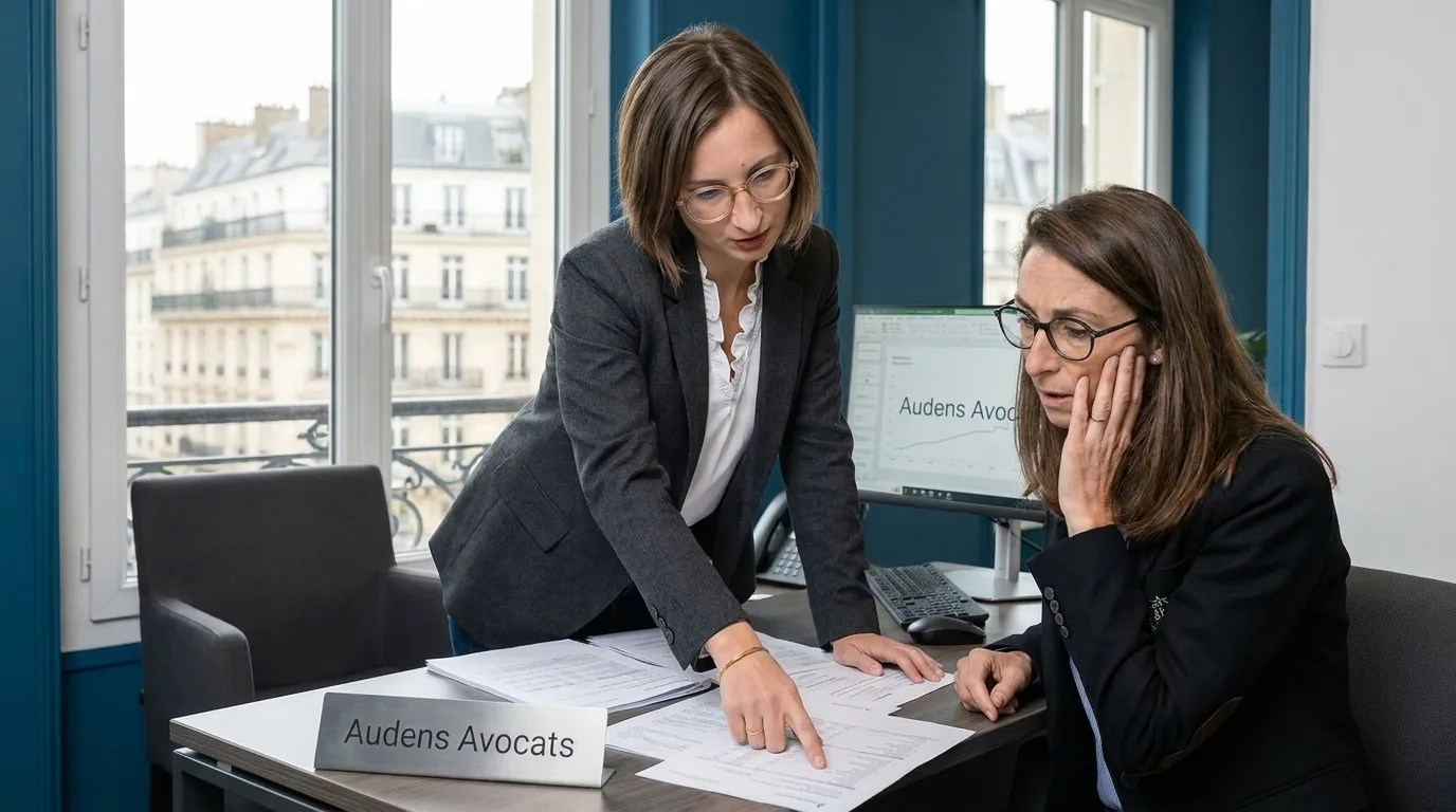 Avocat fiscaliste examinant des documents de redressement fiscal avec un client dans un bureau moderne à Paris.