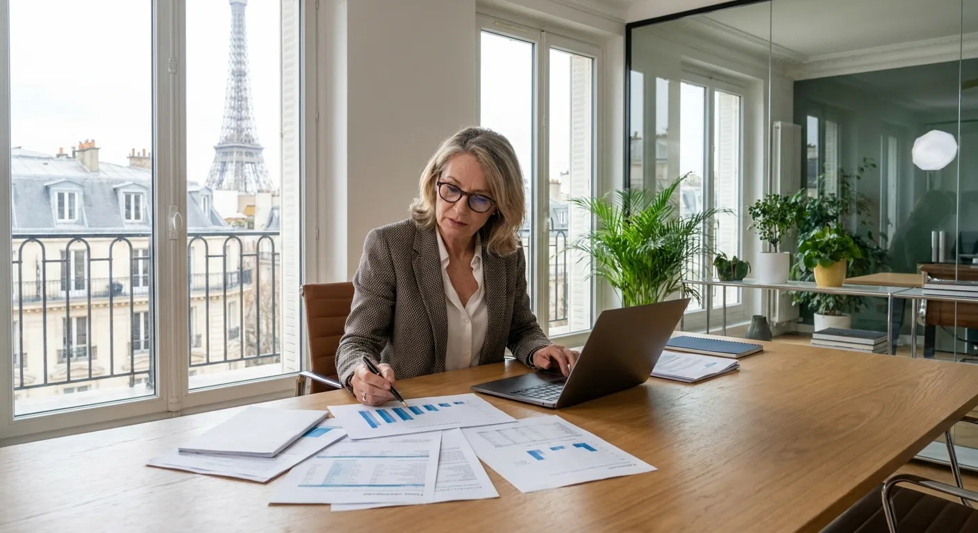 Avocat fiscaliste examinant des documents financiers dans un cabinet moderne à Paris.