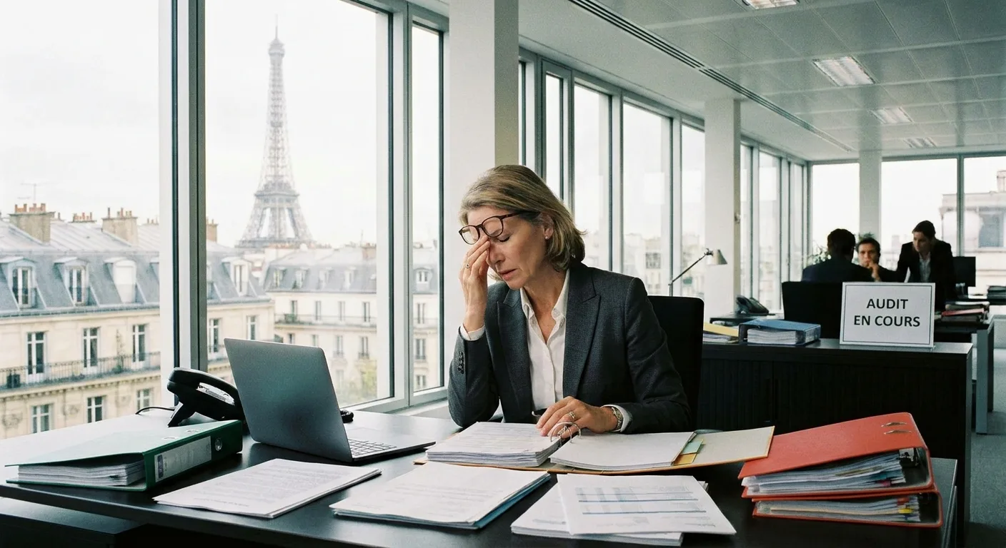 Avocat fiscaliste examinant des documents financiers lors d'un contrôle fiscal dans un cabinet parisien moderne.