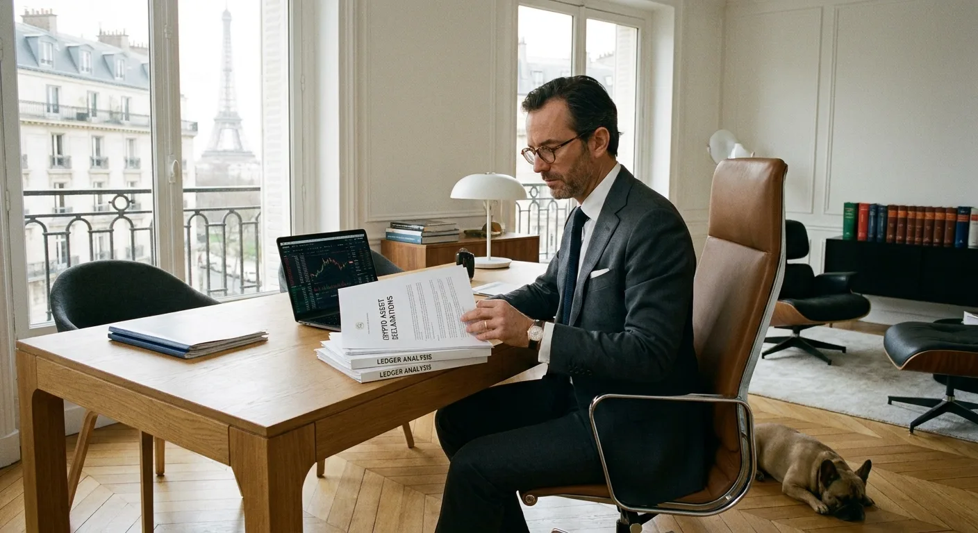 Avocat fiscaliste examinant des documents relatifs aux cryptomonnaies dans un bureau moderne à Paris.