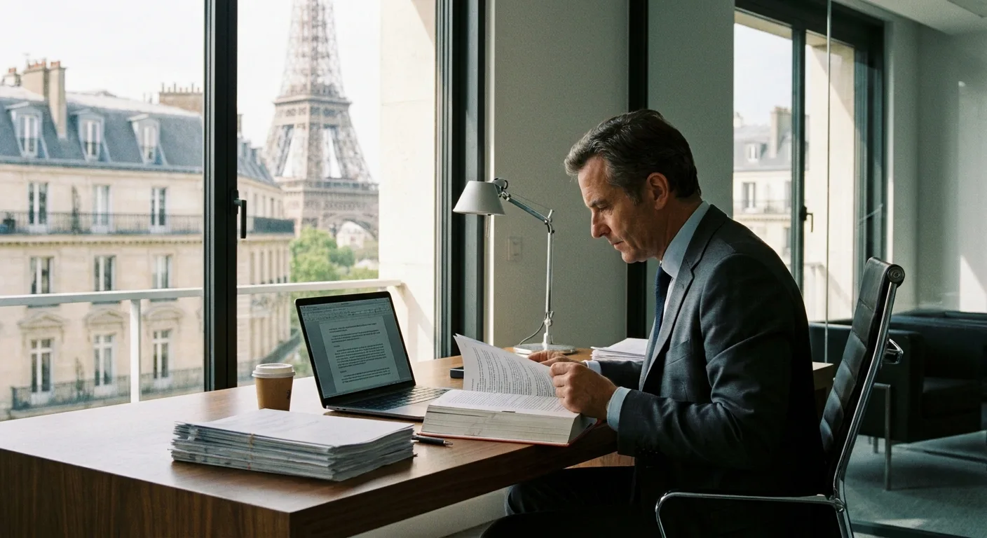 Avocat pénaliste à Paris examinant des documents juridiques à son bureau dans un cabinet moderne