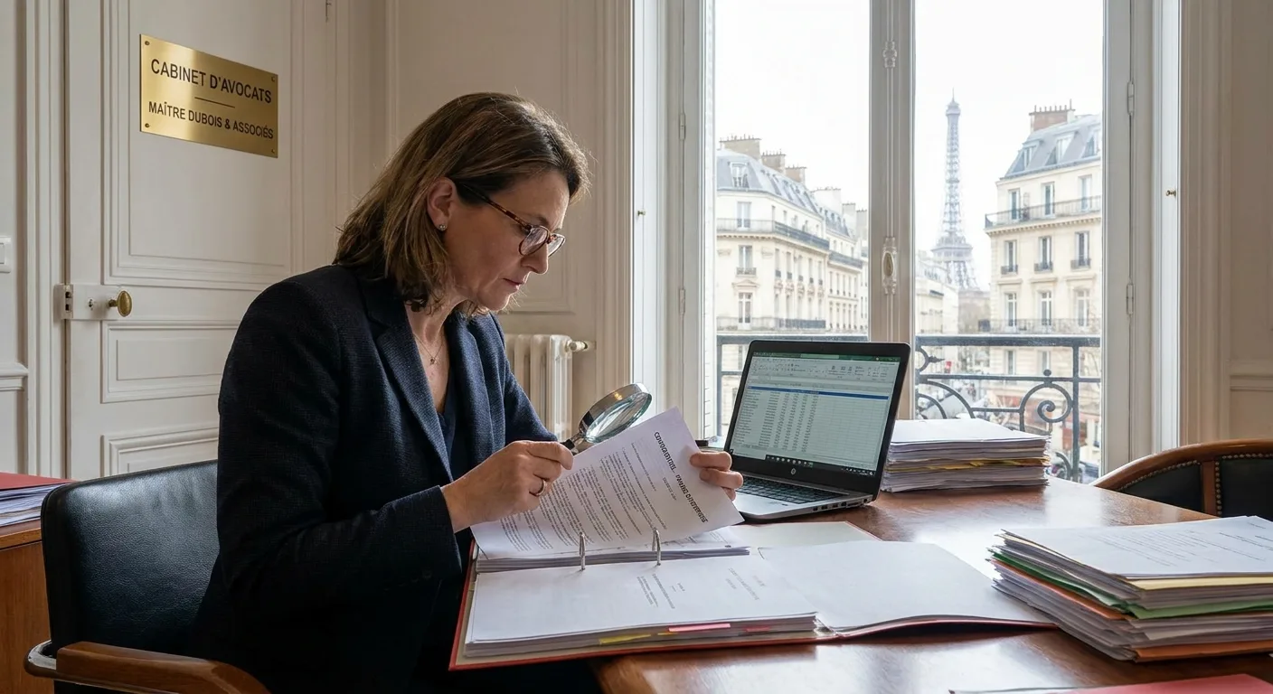 Avocat pénaliste à Paris examinant des documents relatifs à des fraudes d'entreprise dans son bureau