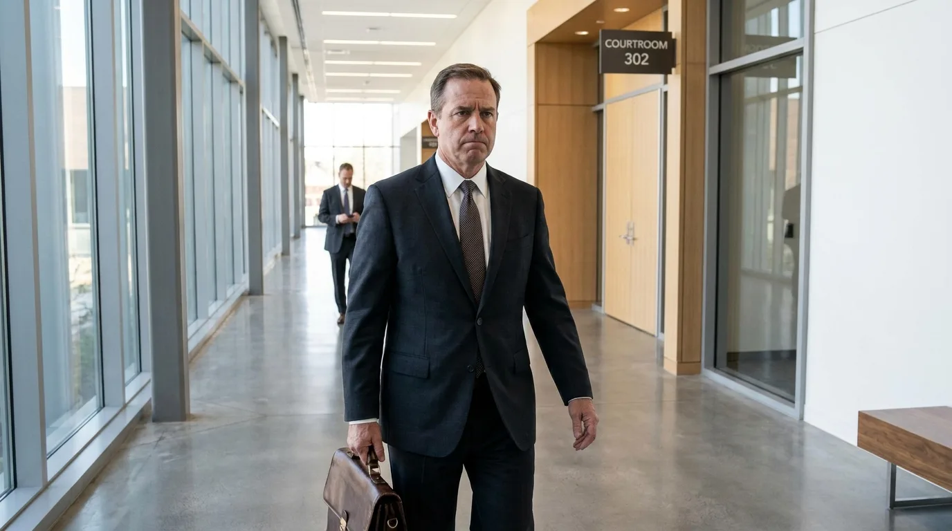 Avocat pénaliste dans un couloir moderne du palais de justice, expression sérieuse.