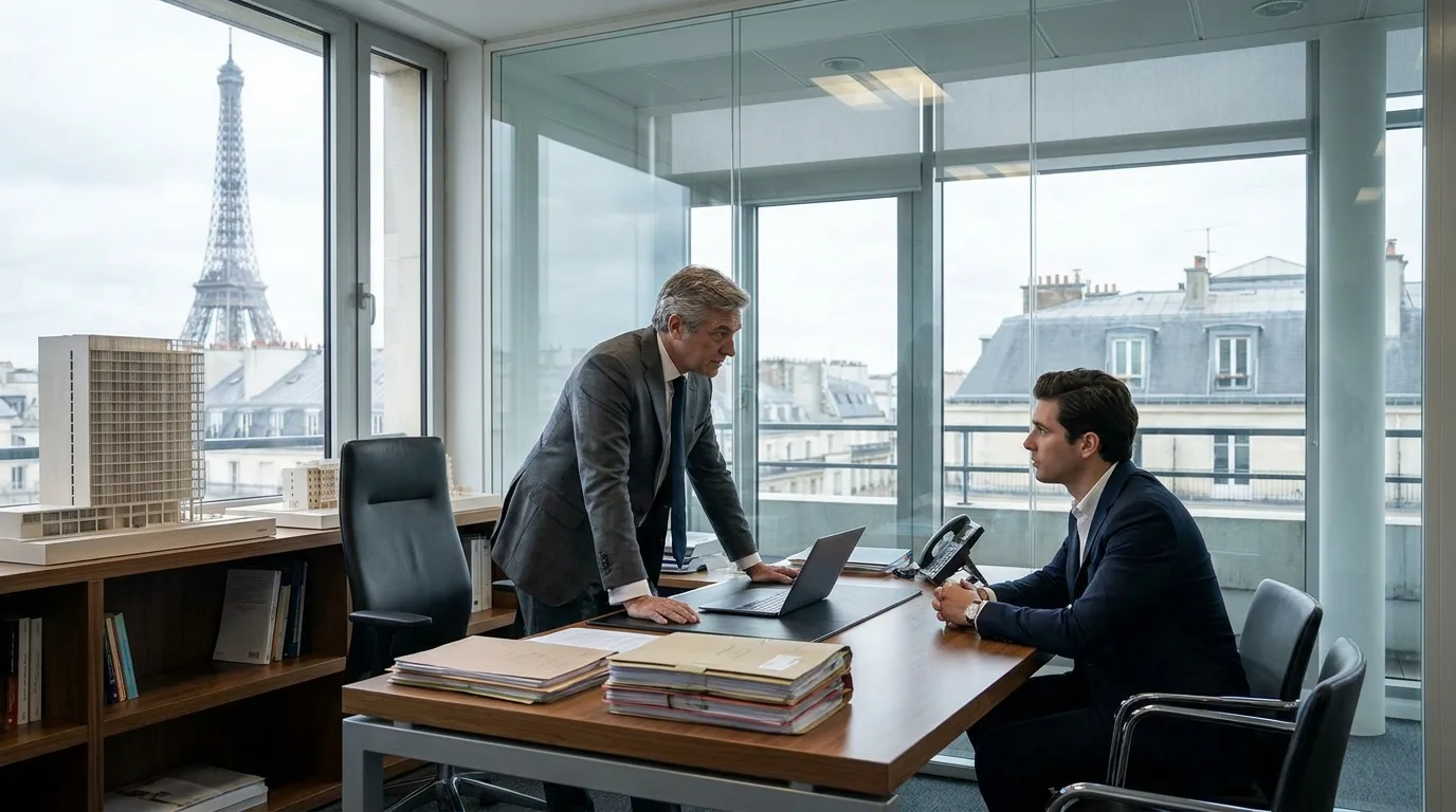 Avocat pénaliste en consultation avec son client dans un bureau moderne à Paris pour une affaire d'escroquerie immobilière.