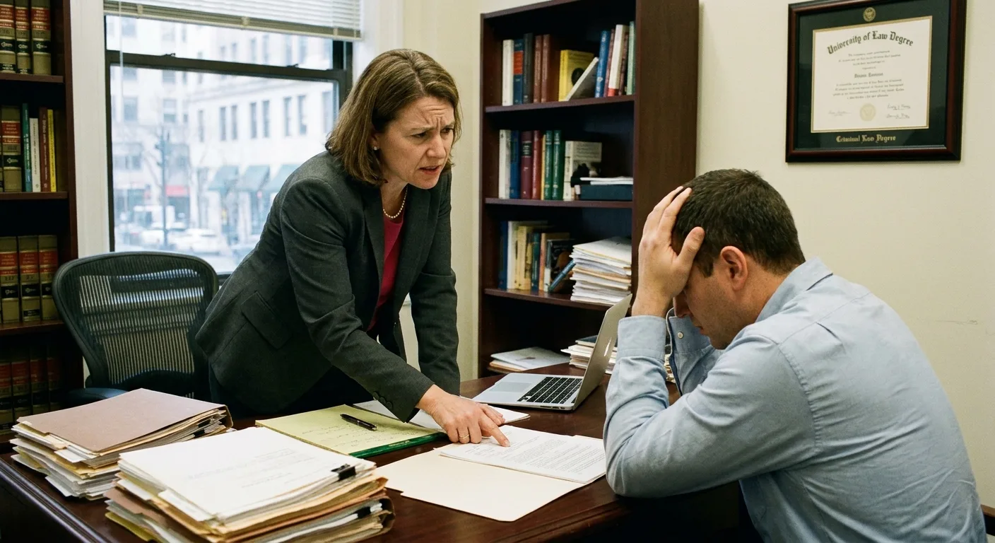 Avocat pénaliste en consultation avec un client devant des dossiers juridiques à son bureau.