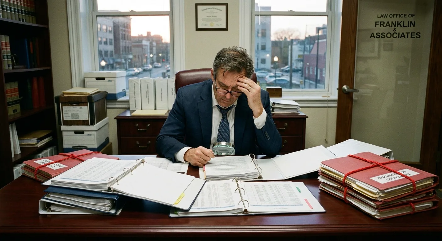 Avocat pénaliste en costume examinant des documents financiers et dossiers comptables à son bureau