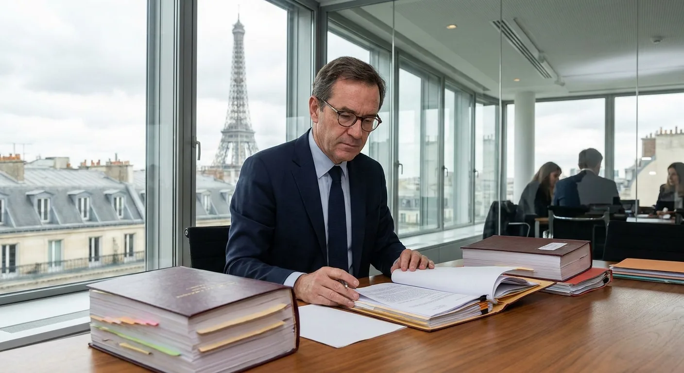 Avocat pénaliste en costume examinant des documents juridiques dans un bureau moderne à Paris