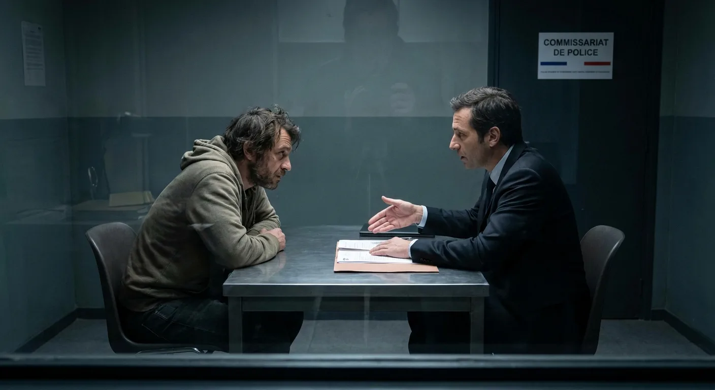 Avocat pénaliste en entretien avec un client en garde à vue dans une salle d'interrogatoire au commissariat de police à Paris