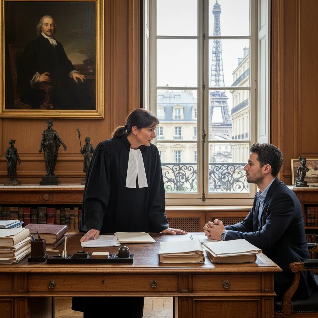 Avocat pénaliste en robe noire consultant un client dans son bureau parisien