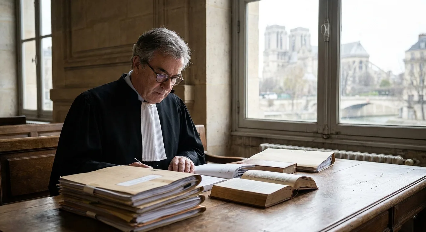 Avocat pénaliste en robe noire examinant des dossiers à son bureau au Palais de Justice de Paris.