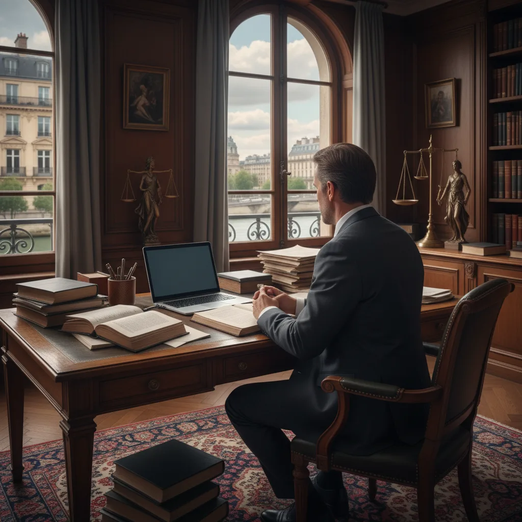 Avocat pénaliste examinant des documents juridiques à son bureau dans un cabinet parisien