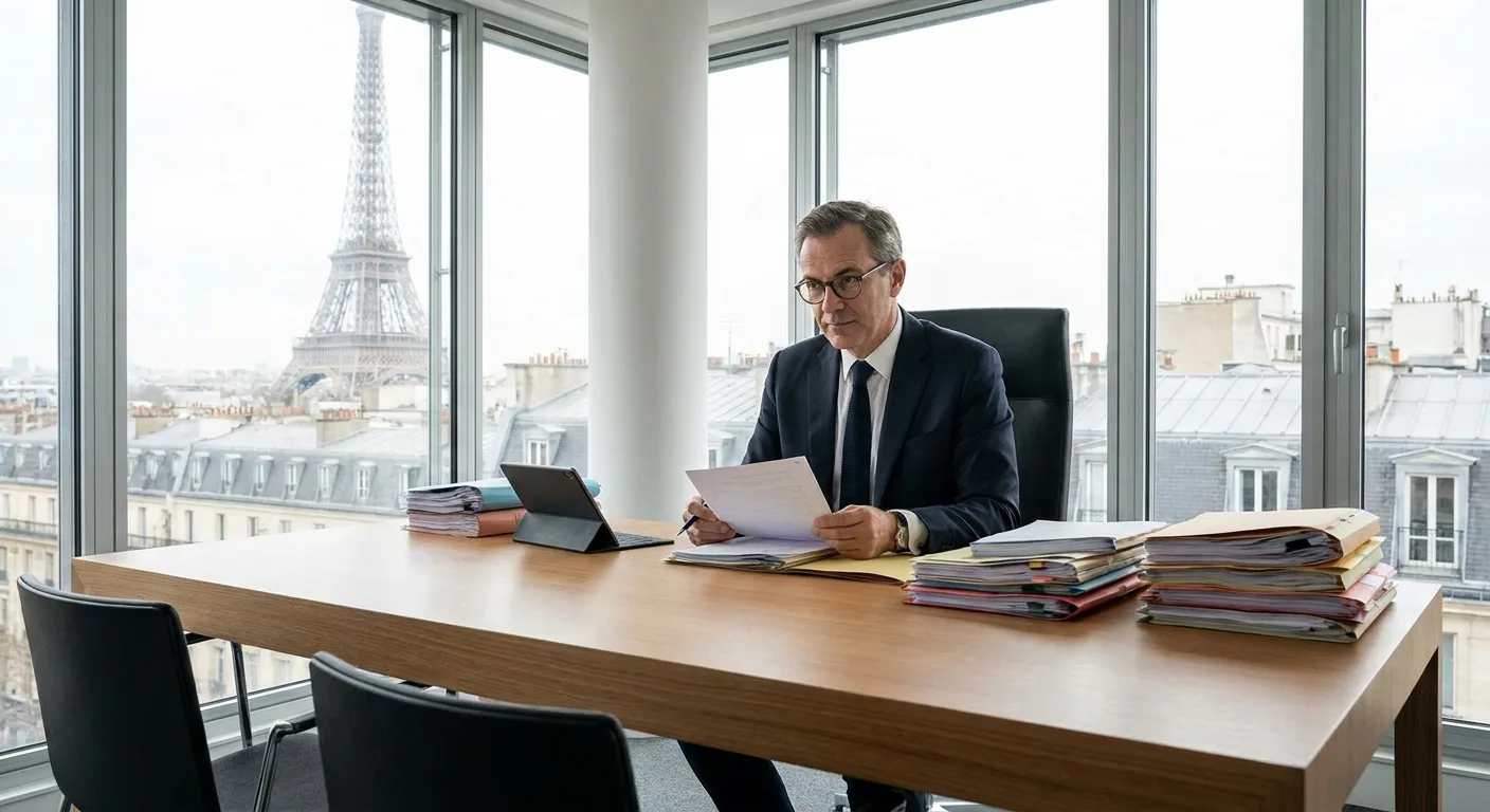 Avocat pénaliste examinant des dossiers dans un bureau moderne à Paris