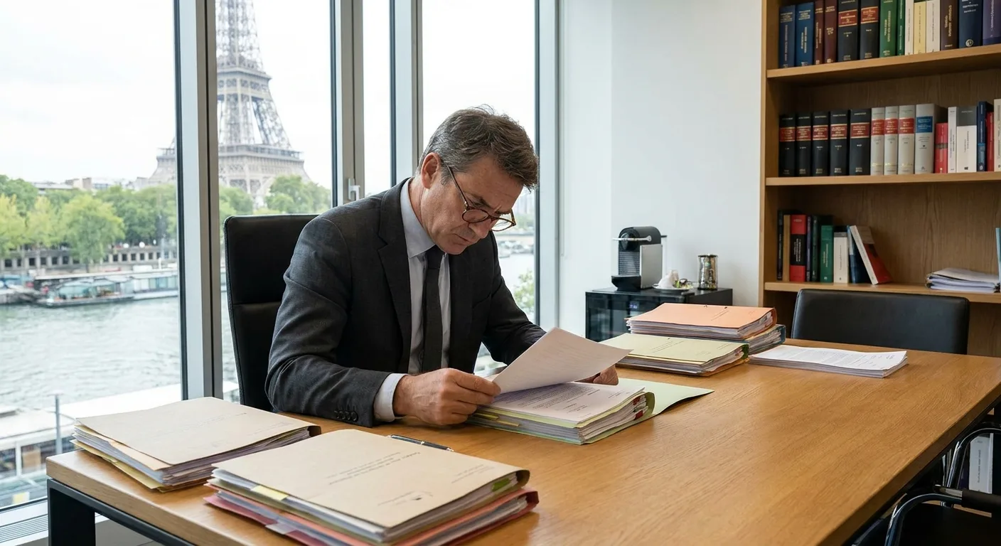 Avocat pénaliste parisien consultant des documents juridiques dans un bureau moderne