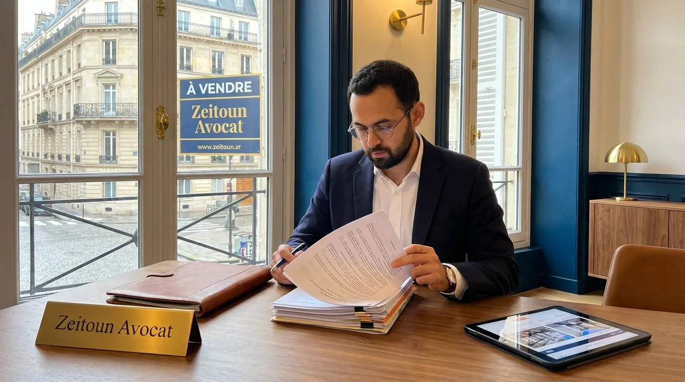 Avocat spécialisé en droit immobilier consultant des documents de propriété avec pancarte de vente d'immeuble haussmannien en