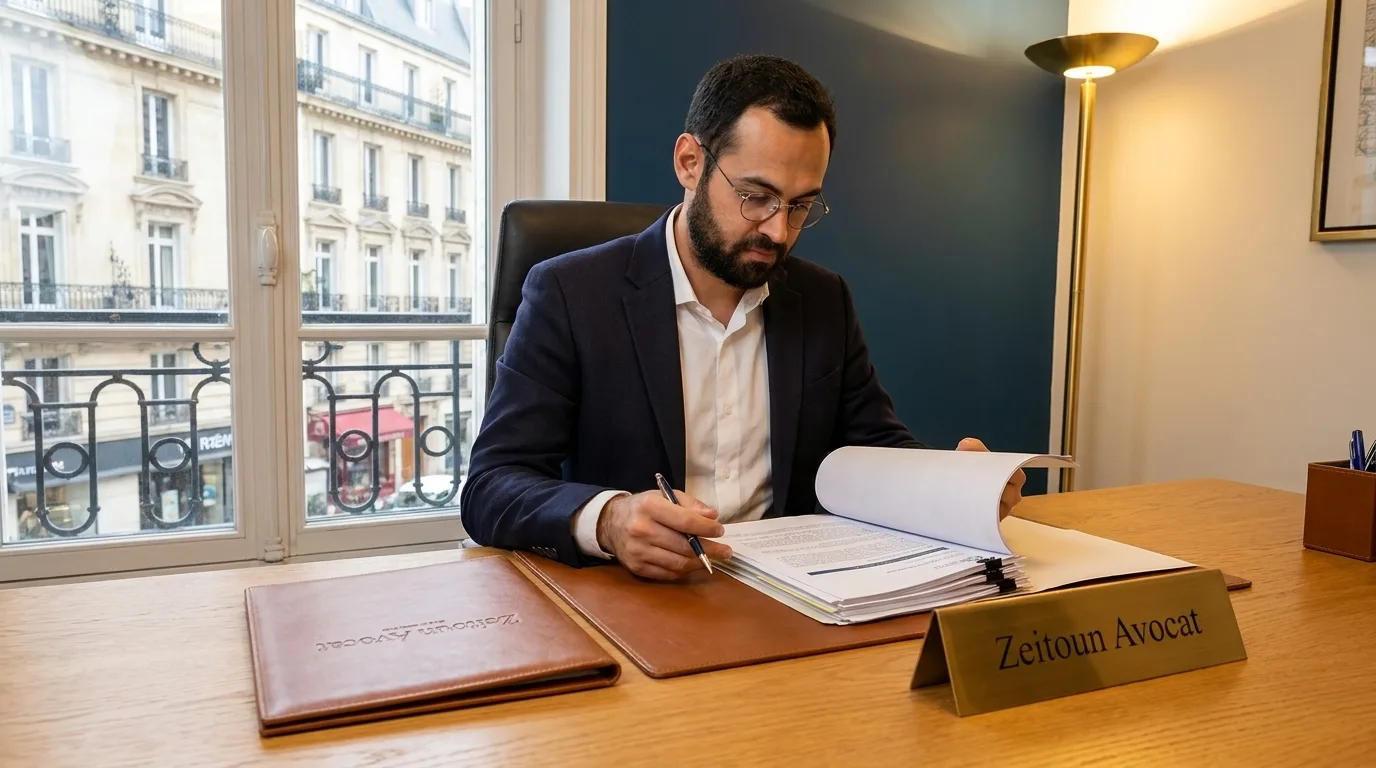 Avocat spécialisé en droit immobilier consultant des documents de propriété à son bureau parisien.