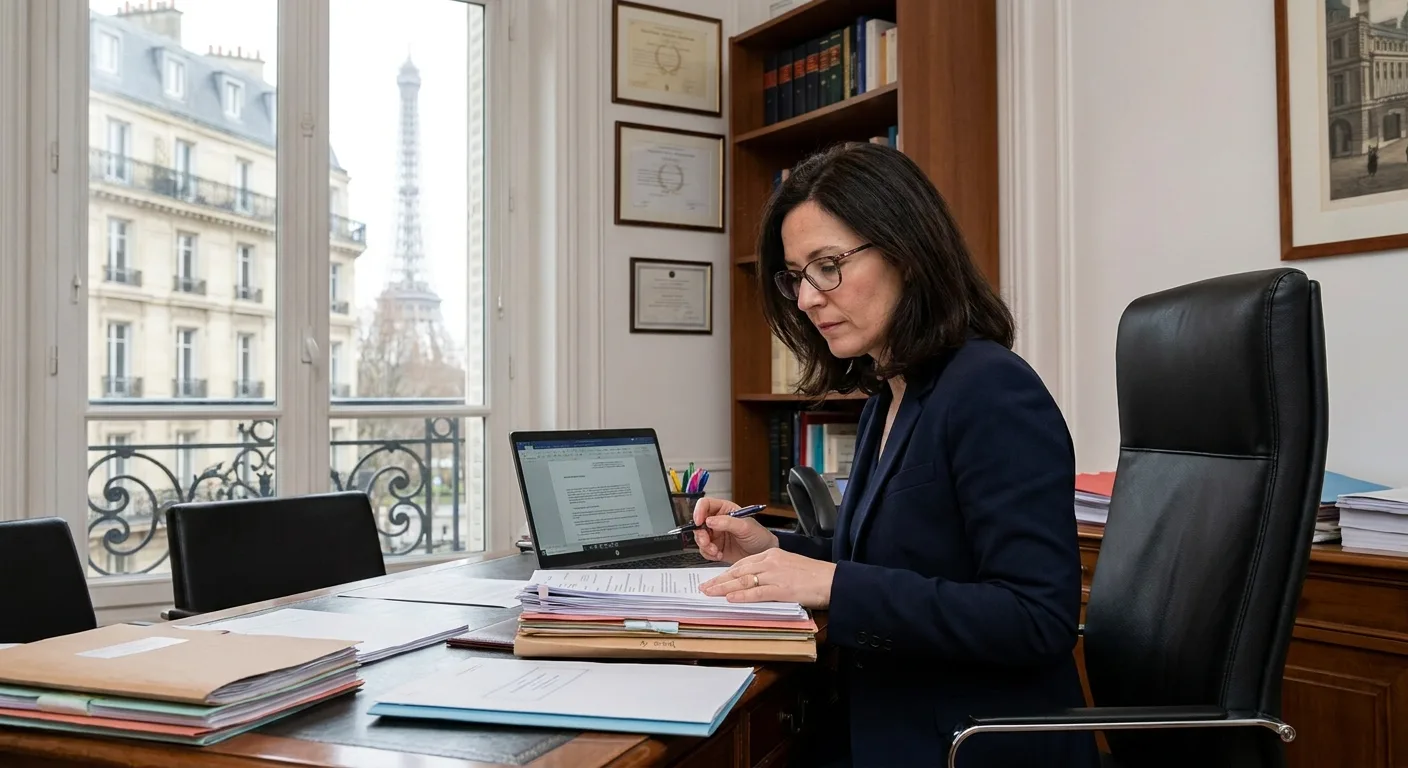 Avocate en droit pénal consultant des dossiers à son bureau à Paris