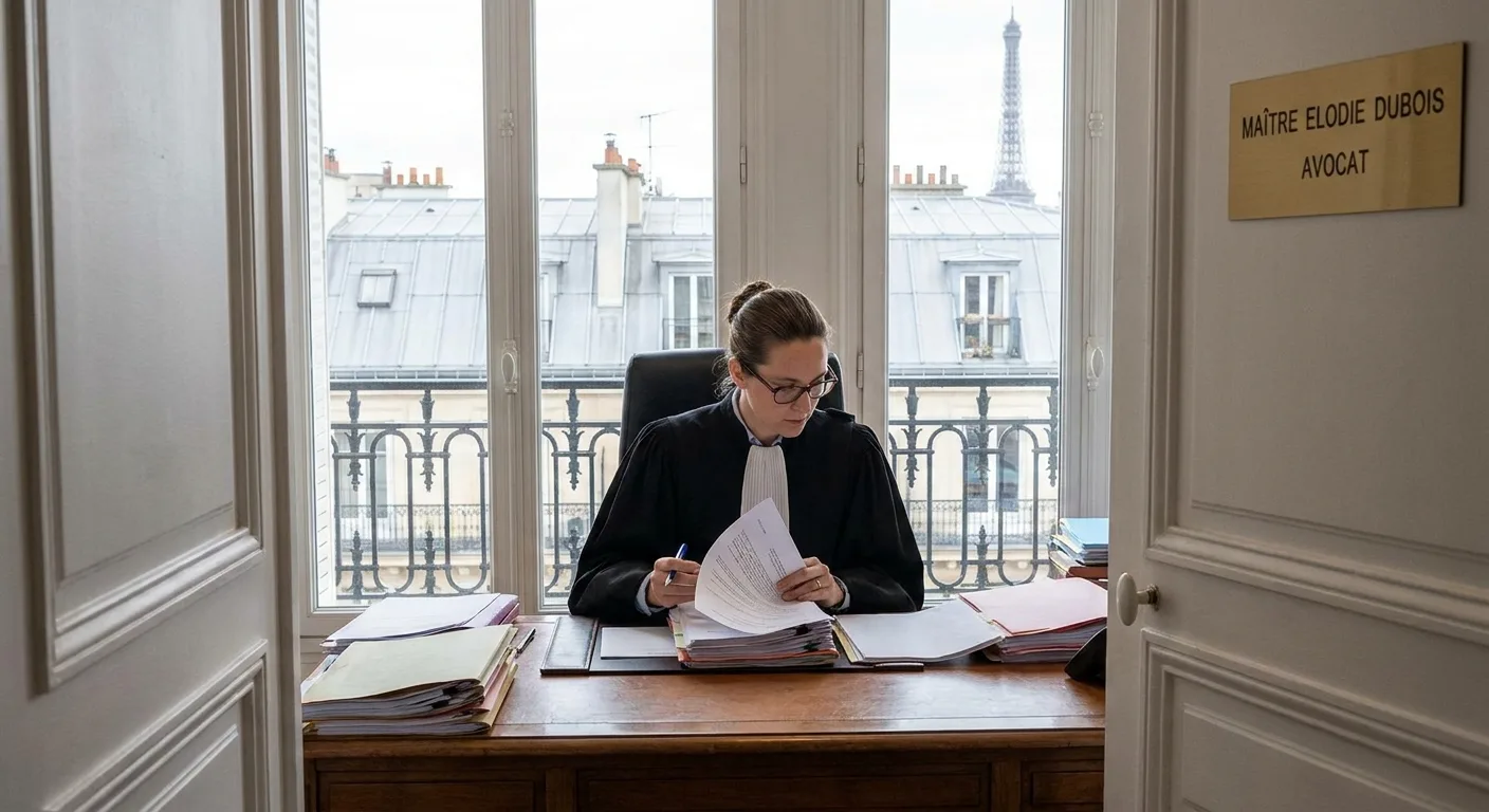 Avocate en robe noire consultant des documents juridiques à son bureau à Paris