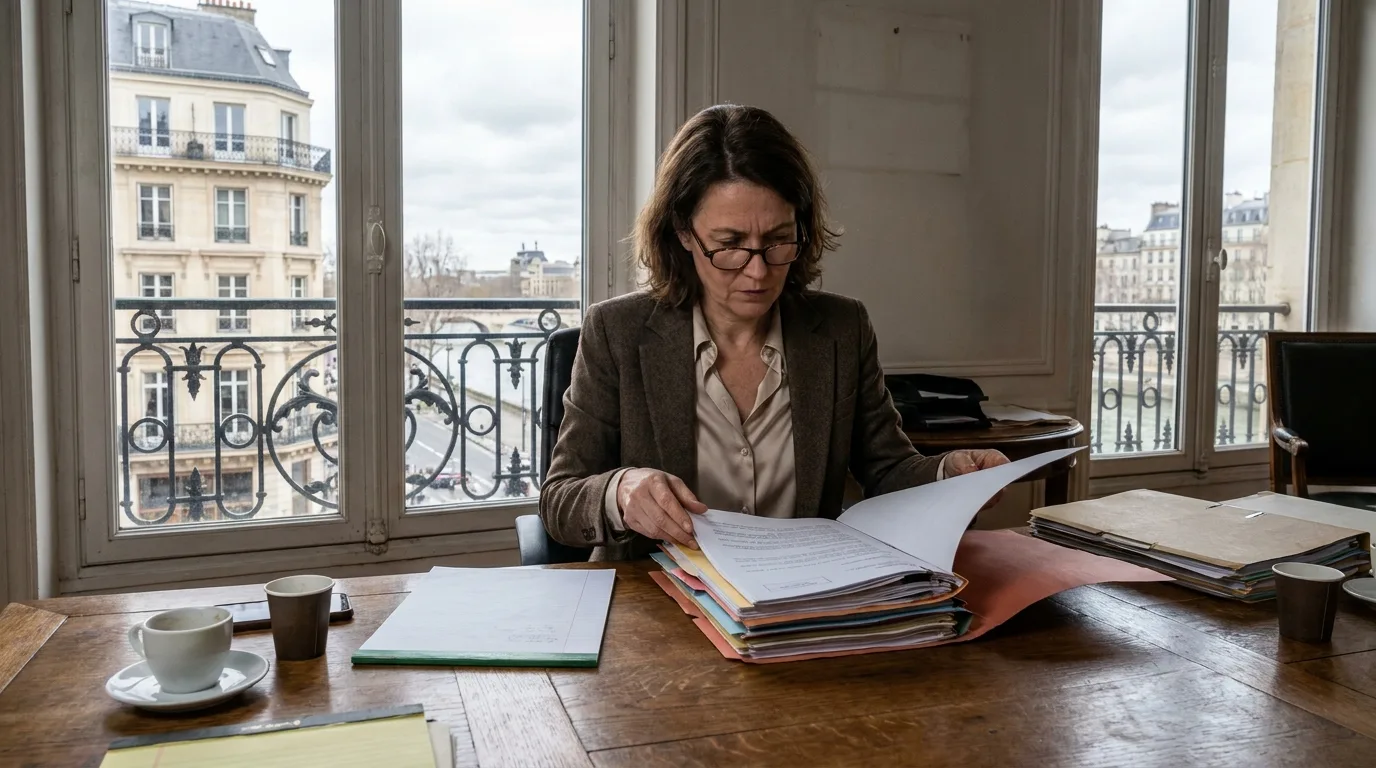 Avocate pénaliste examinant des dossiers à son bureau dans un cabinet parisien