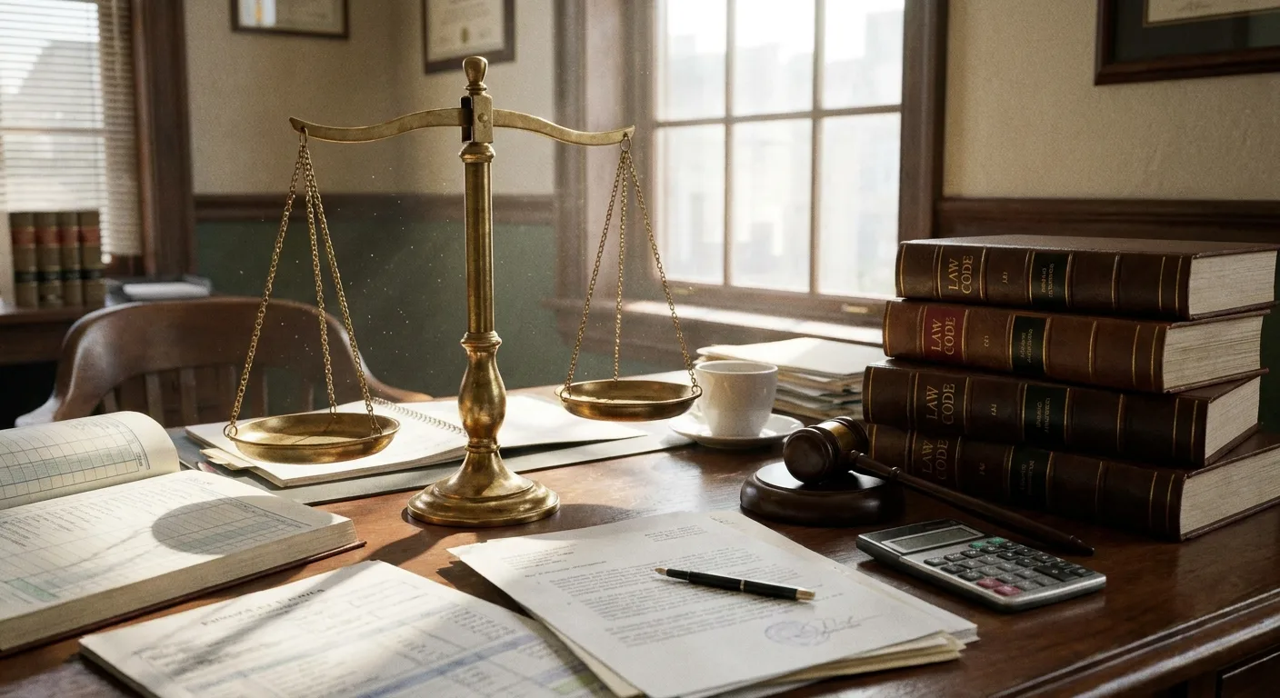 Balance de la justice sur un bureau avec documents financiers et codes de droit pénal.