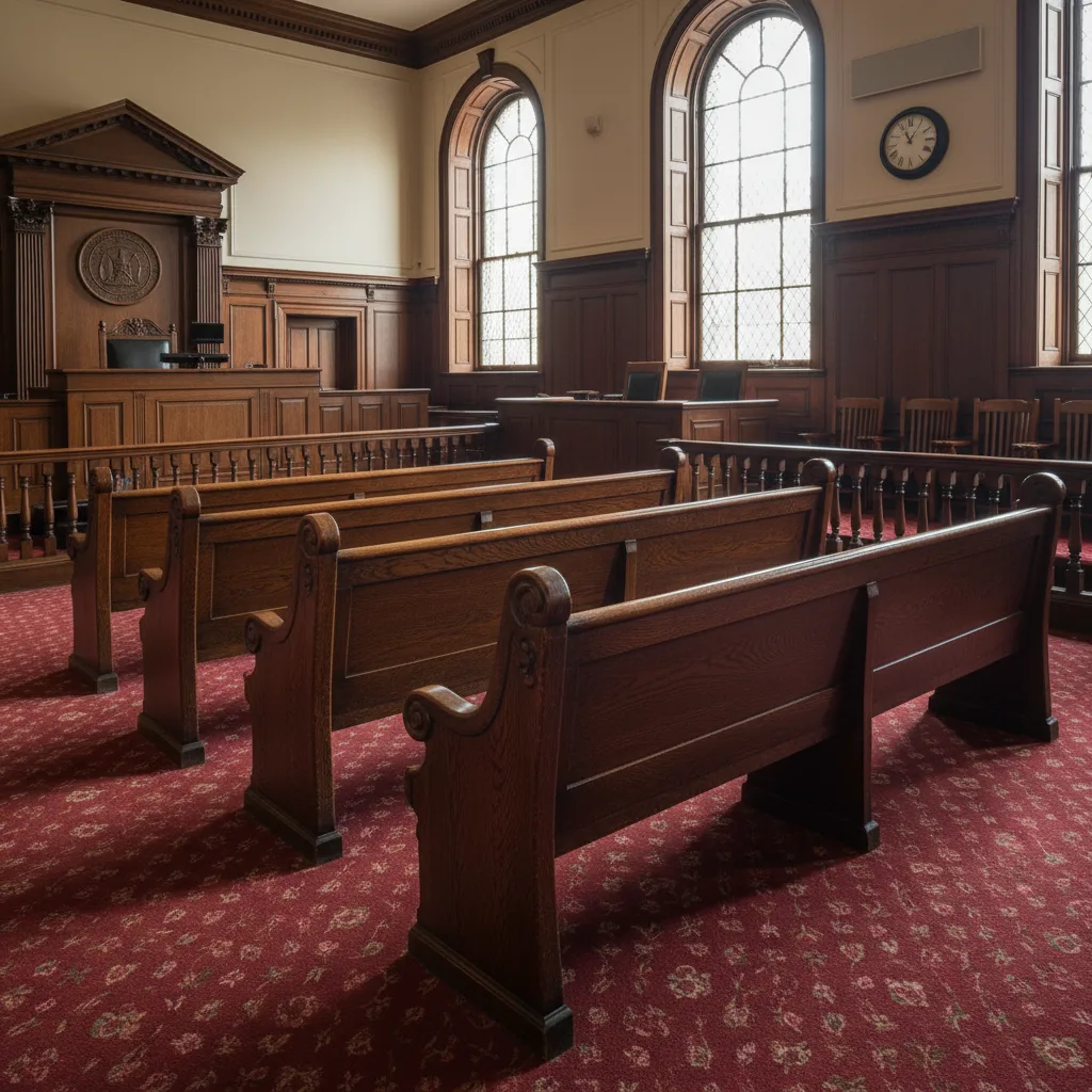 Bancs en bois dans une salle d'audience pénale d'un tribunal.
