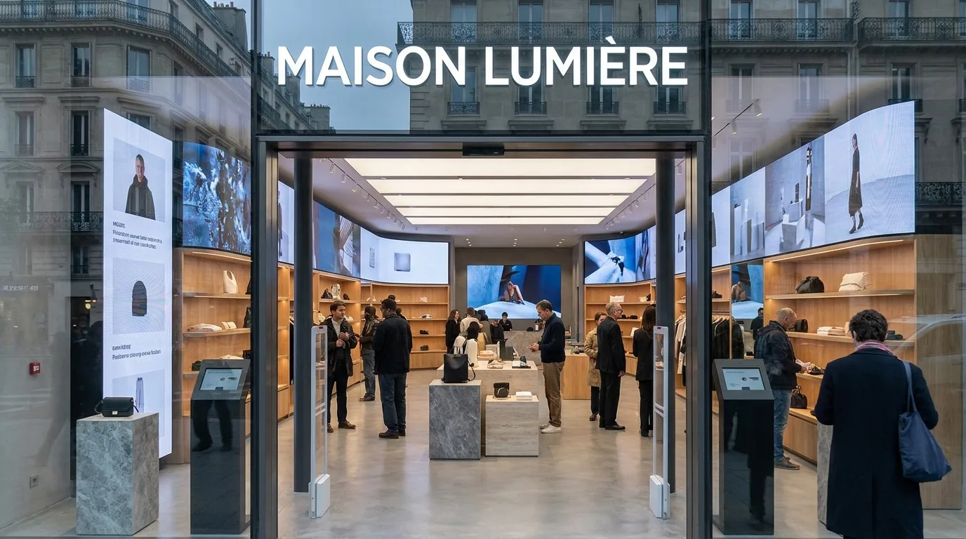 Boutique parisienne moderne avec écrans numériques intégrés et aménagement physique de marque