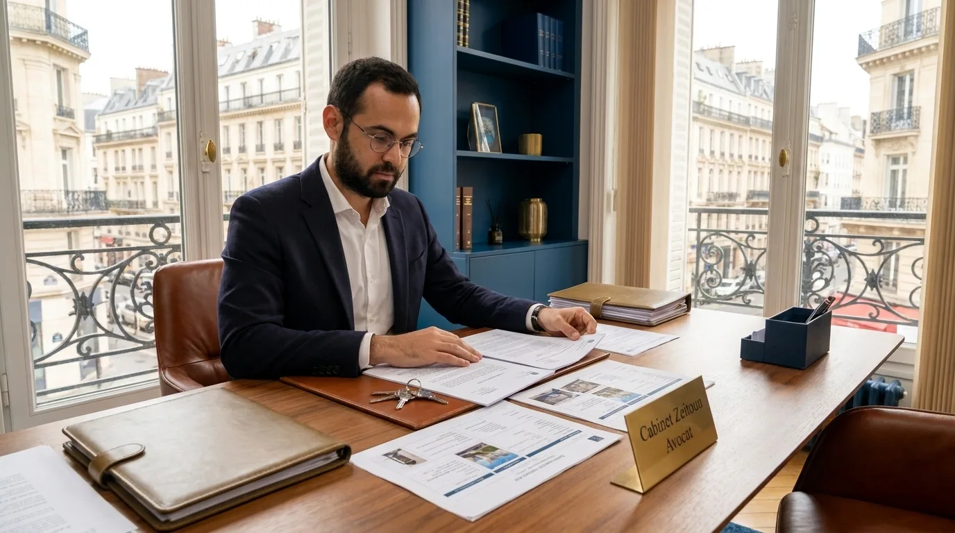 Bureau d'avocat en droit immobilier avec contrats, clés et documents immobiliers