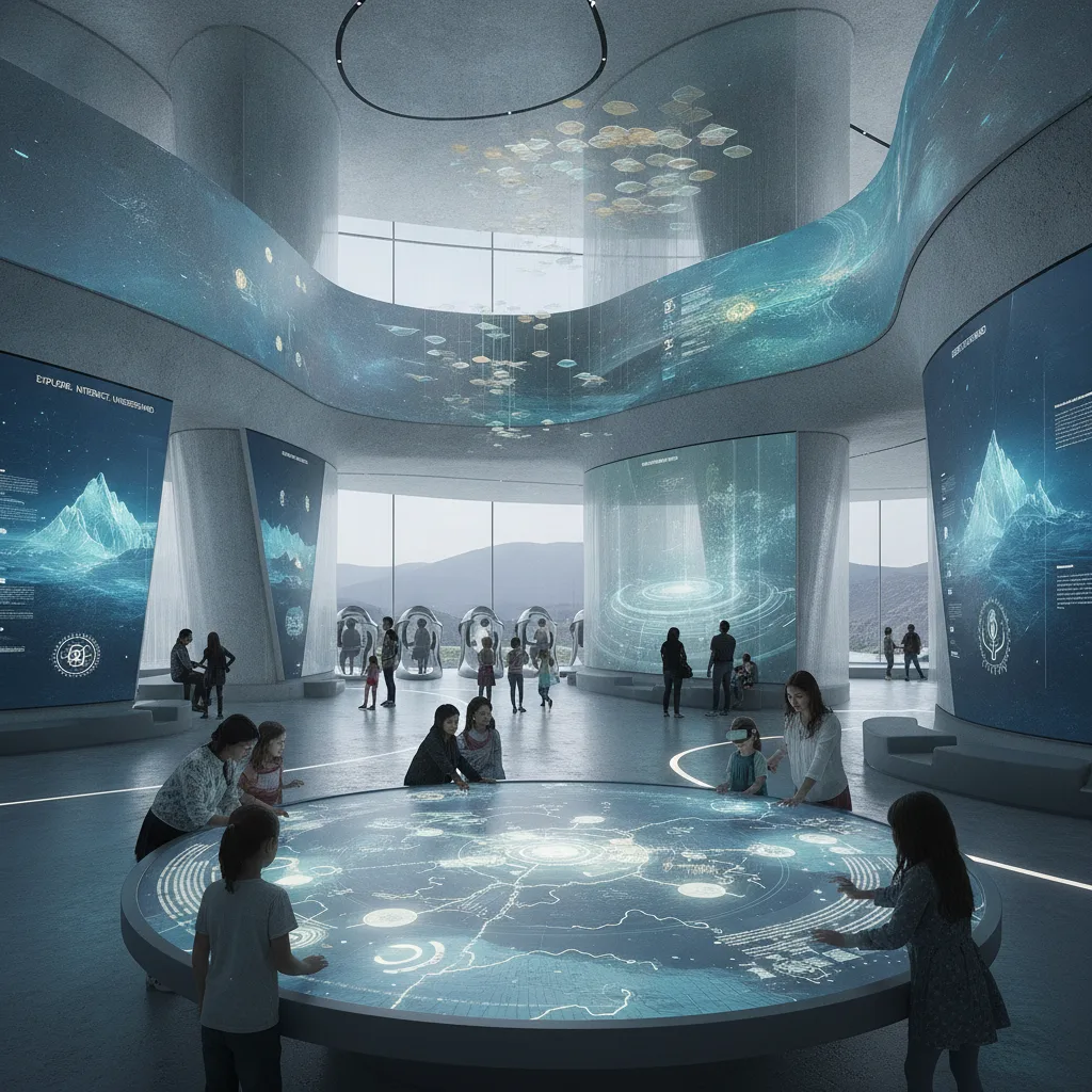 Centre d'interprétation moderne avec écrans interactifs et espaces de visite dynamiques et engageants.