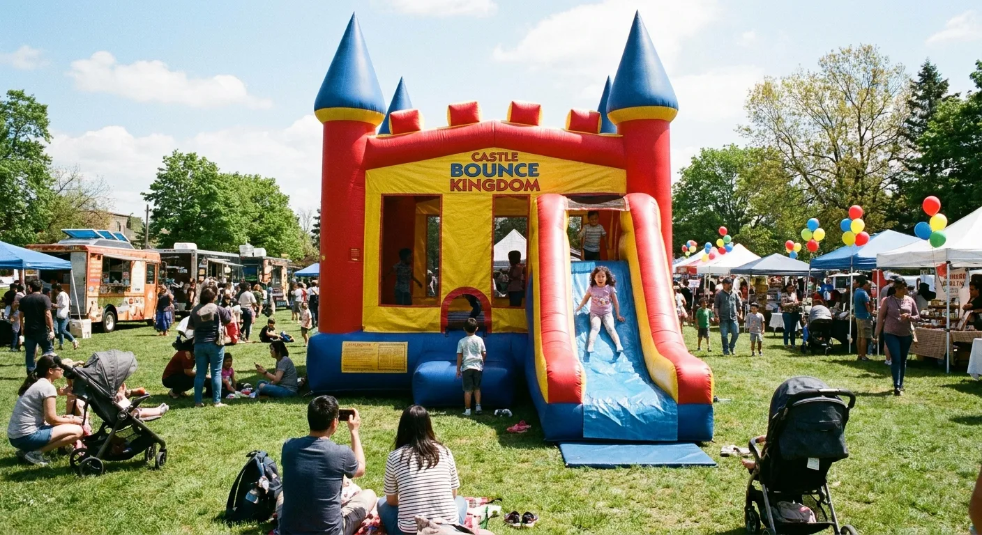 Château gonflable coloré dans un jardin avec des enfants qui jouent pendant une fête en famille.