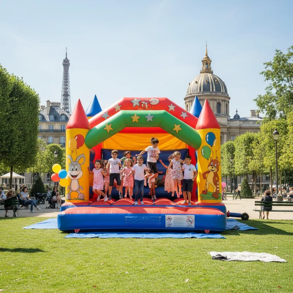 Château gonflable coloré installé dans un parc parisien avec des enfants qui sautent à l'intérieur