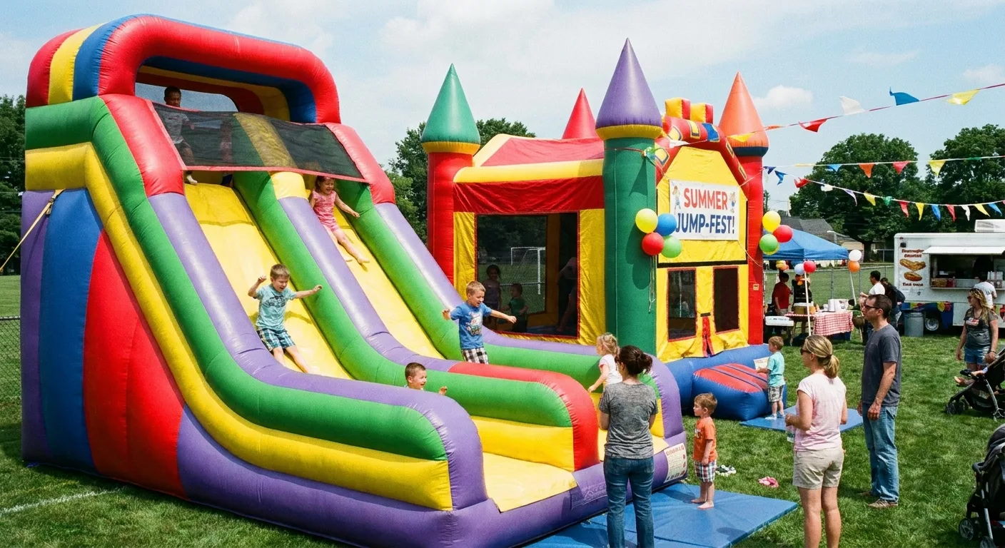 Château gonflable coloré installé sur l'herbe lors d'un événement enfants en extérieur en Île-de-France.
