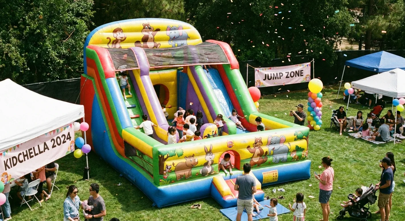 Château gonflable multicolore sur pelouse verte lors d'un événement enfants en plein air en Île-de-France.