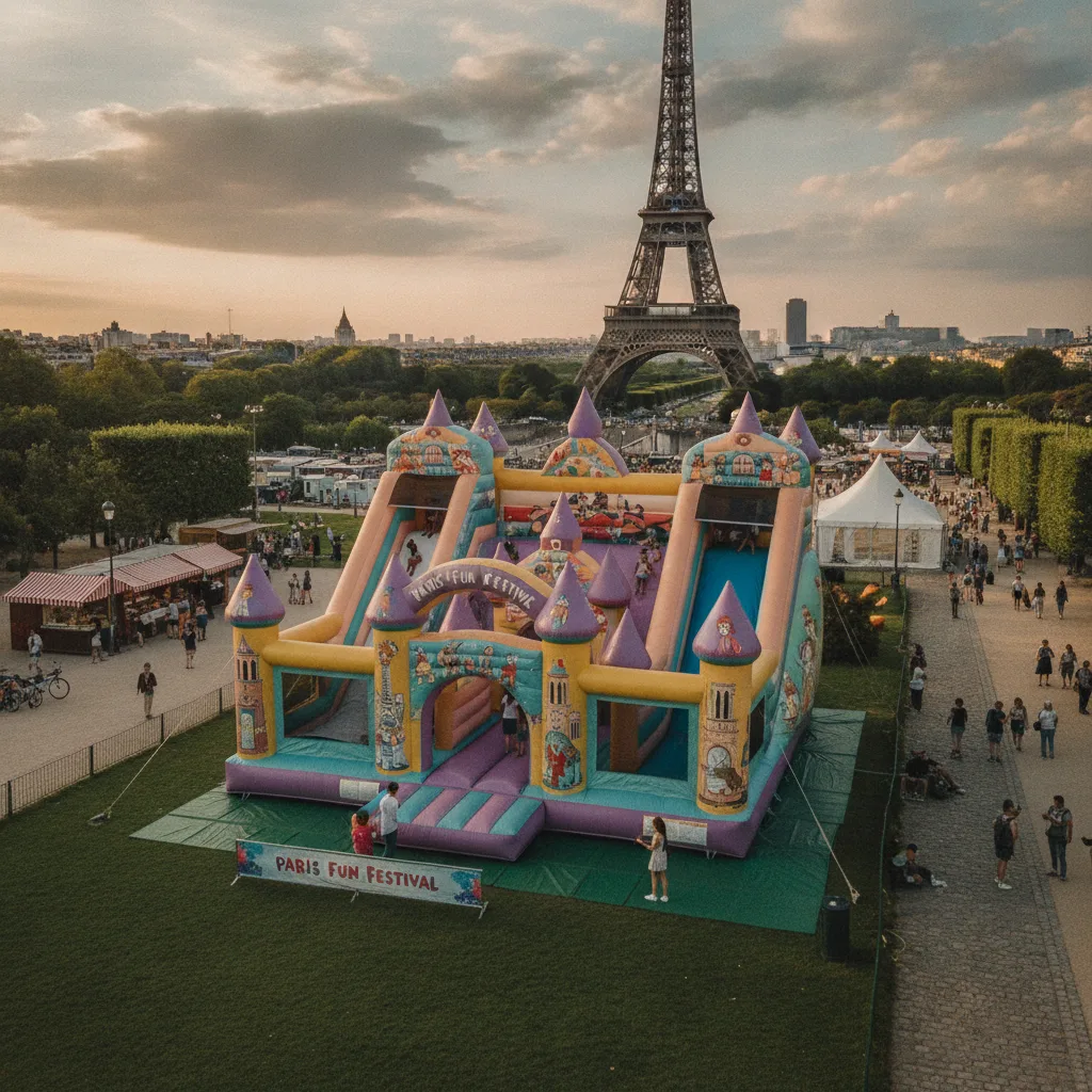 Château gonflable professionnel installé dans un espace événementiel extérieur à Paris