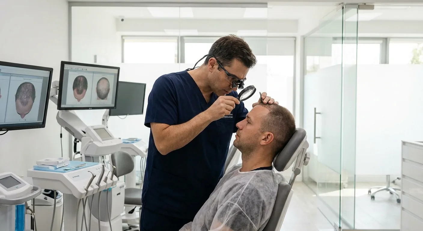 Chirurgien spécialisé en greffe capillaire examinant le cuir chevelu d'une patiente en clinique moderne.