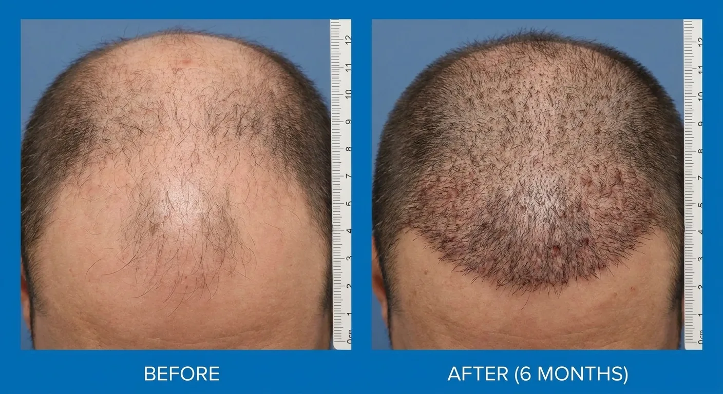 Comparaison avant-après d'une greffe de cheveux, gros plan du cuir chevelu montrant la repousse capillaire.