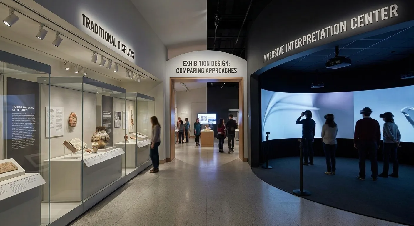 Comparaison entre vitrines de musée traditionnel et installations immersives d'un centre d'interprétation moderne.