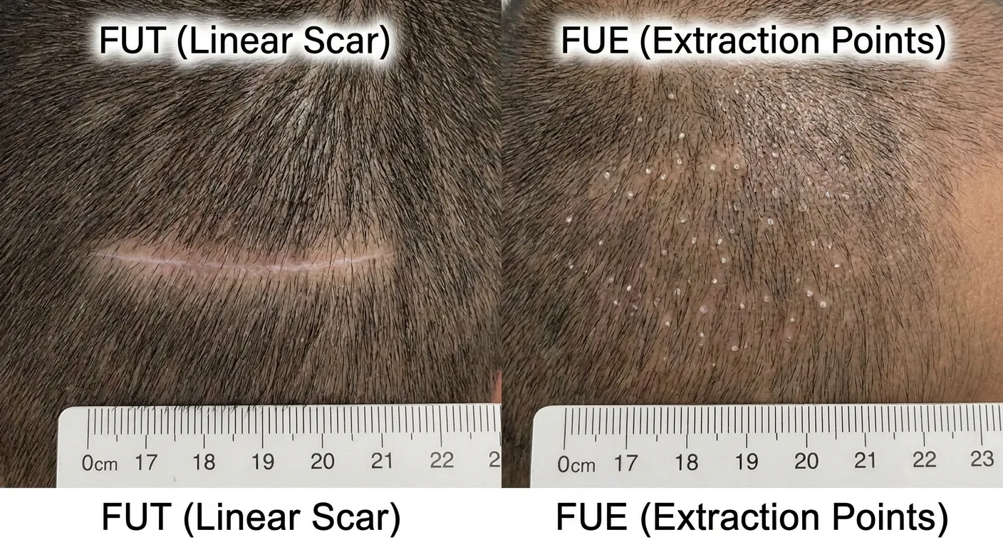 Comparaison rapprochée d'une cicatrice linéaire FUT et de points d'extraction FUE sur le cuir chevelu