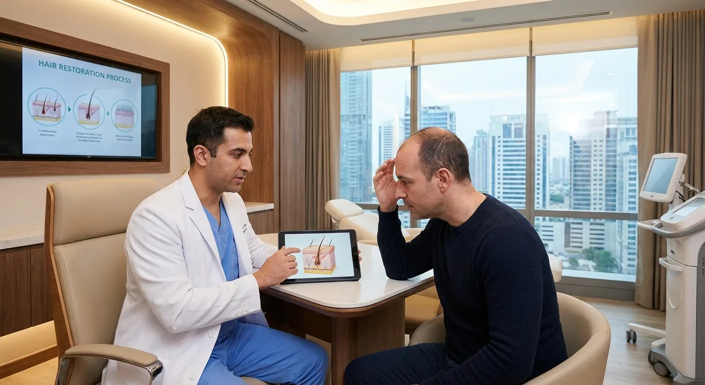 Consultation médicale entre un médecin et un patient dans une clinique moderne pour discuter d'une greffe capillaire.