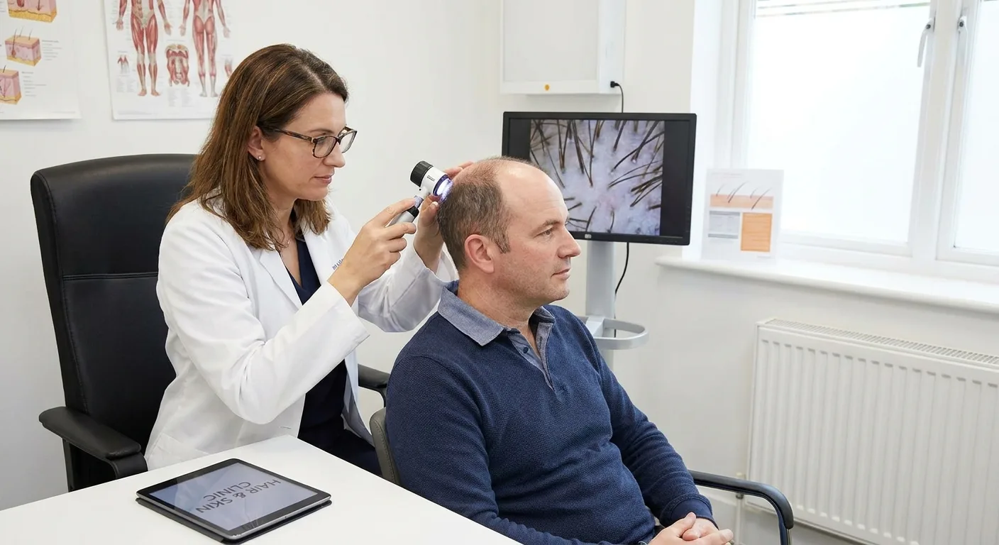 Dermatologue examinant le cuir chevelu d'une patiente à l'aide d'un dermatoscope lors d'une consultation pour chute de cheveu