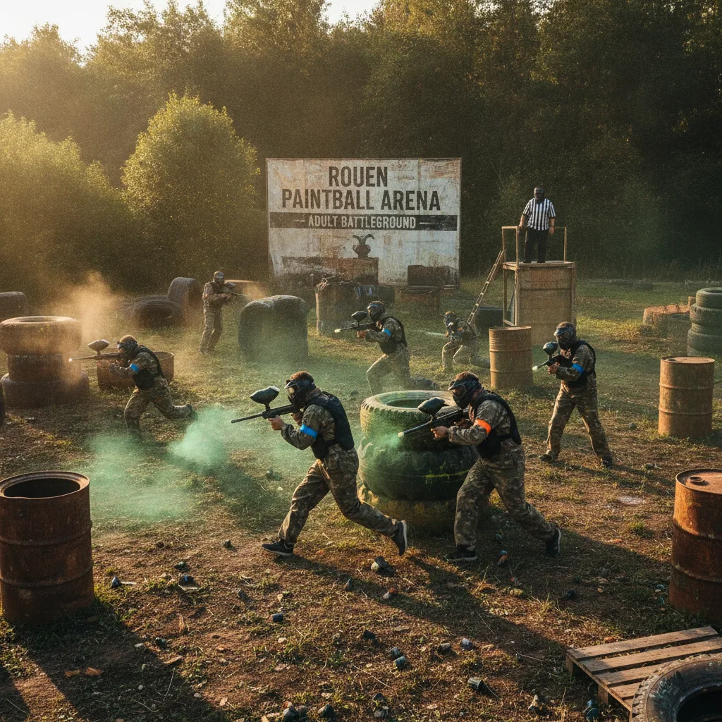 Des adultes en équipement de paintball jouent en plein air à l'arène de Rouen